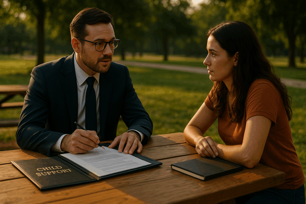 A lawyer discussing child support appeals with a client.