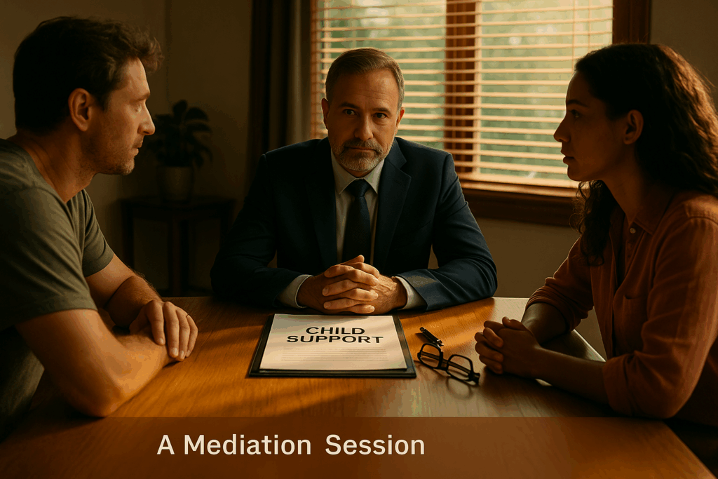 A mediation session for child support disputes.