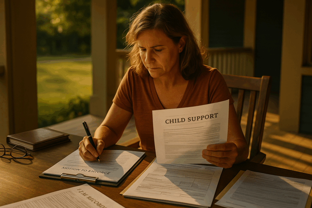 A parent preparing for a child support enforcement case with legal documents.