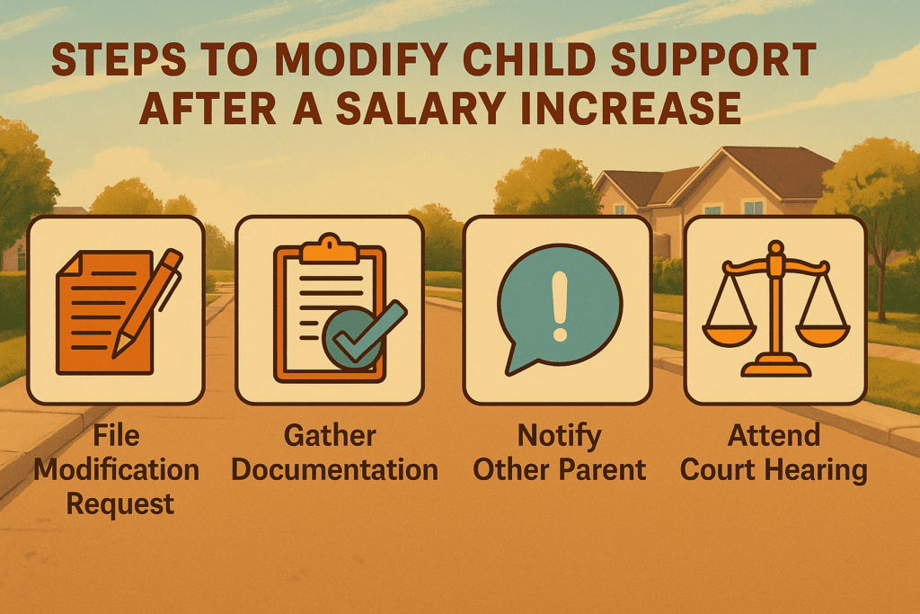 A visual guide on the steps to modify child support after a salary increase.