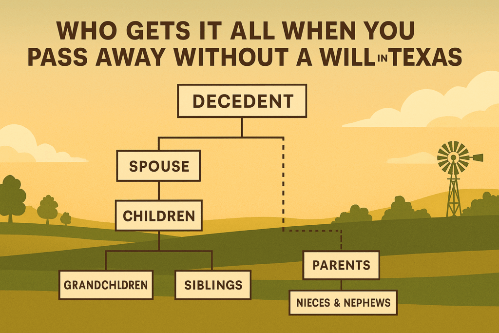 A visual representation of intestate succession laws in Texas, illustrating who gets it all when you pass away without a will in Texas.