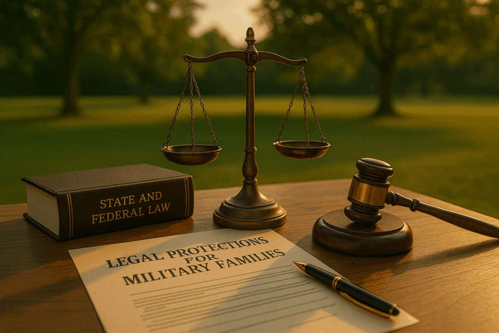 A visual representation of legal documents and scales of justice, symbolizing legal protections for military families under state and federal law.