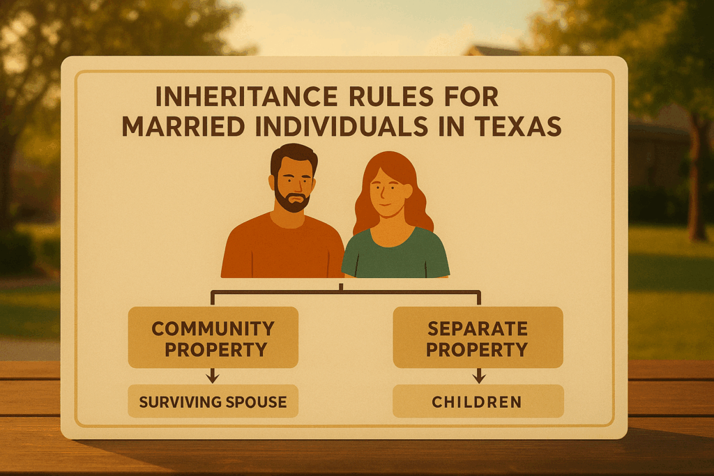 An illustration depicting inheritance rules for married individuals in Texas.