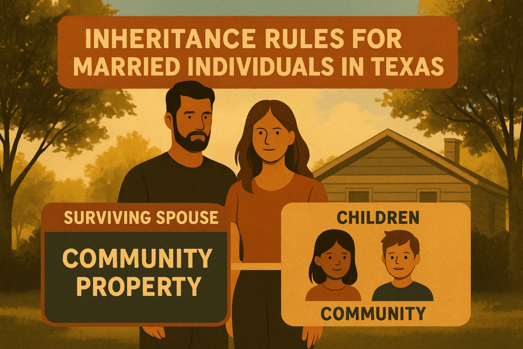 An illustration depicting inheritance rules for married individuals in Texas.