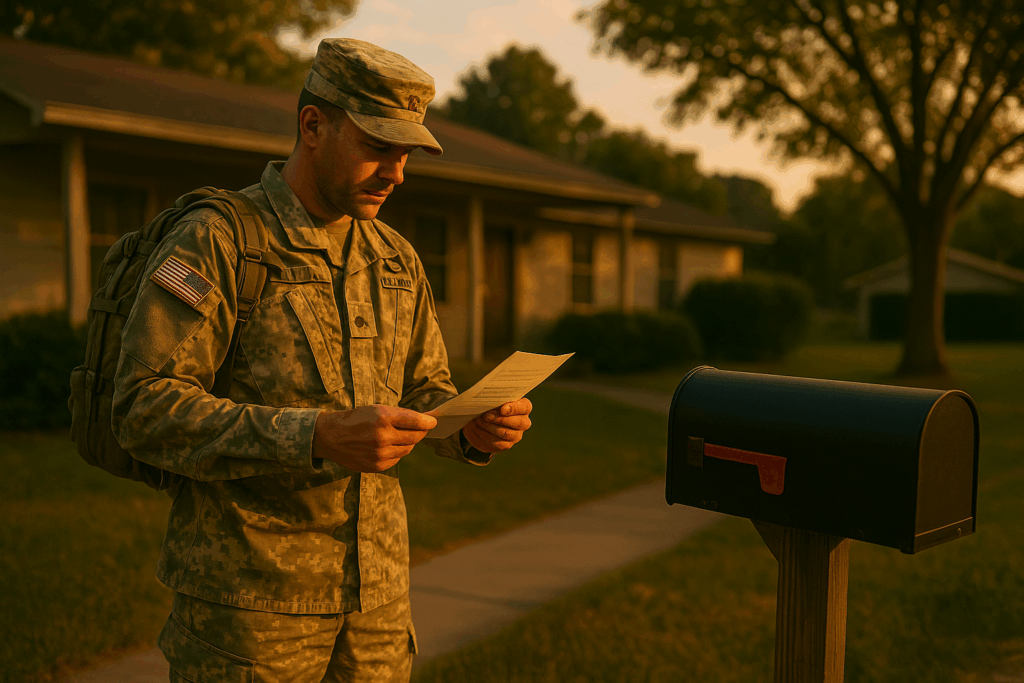 An illustration showing a service member in uniform navigating family issues related to military deployment, highlighting how military duty affects Texas child support modifications.