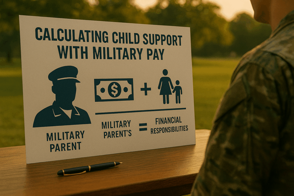 An infographic illustrating the calculation of child support with military pay, focusing on military parents and their financial responsibilities.