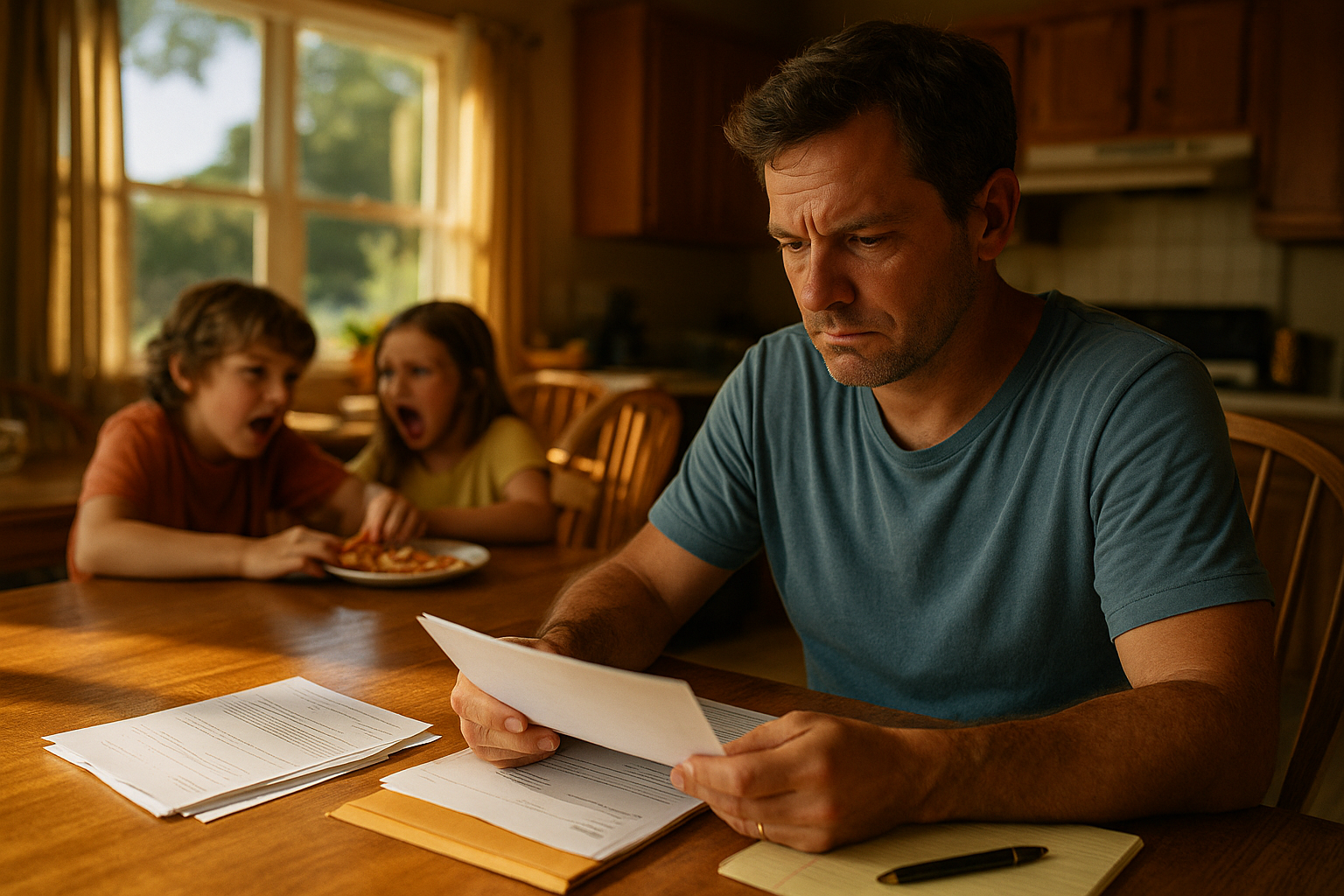 A parent sits at a kitchen table sorting through bills while two kids argue over the last slice of pizza on a sunny Houston afternoon.