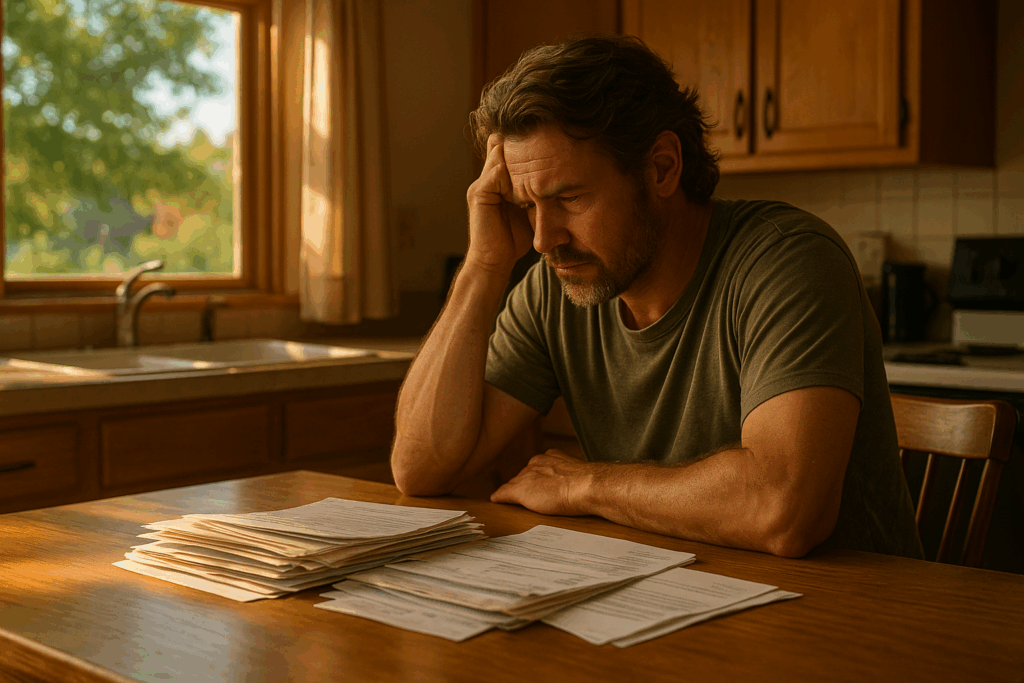 A Texas father sitting at his kitchen table reviewing bills under warm sunlight, reflecting on life after divorce and considering the cost of hiring a Texas child support attorney.