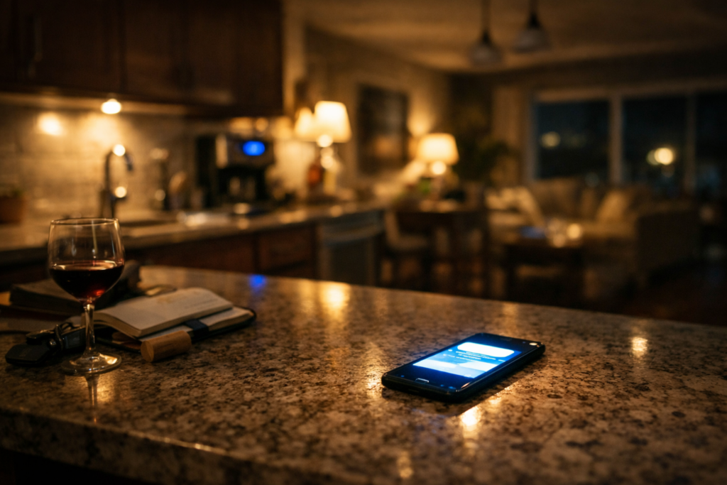 Smartphone lighting up a kitchen counter at night symbolizing the moment someone begins researching fault based divorce in Texas