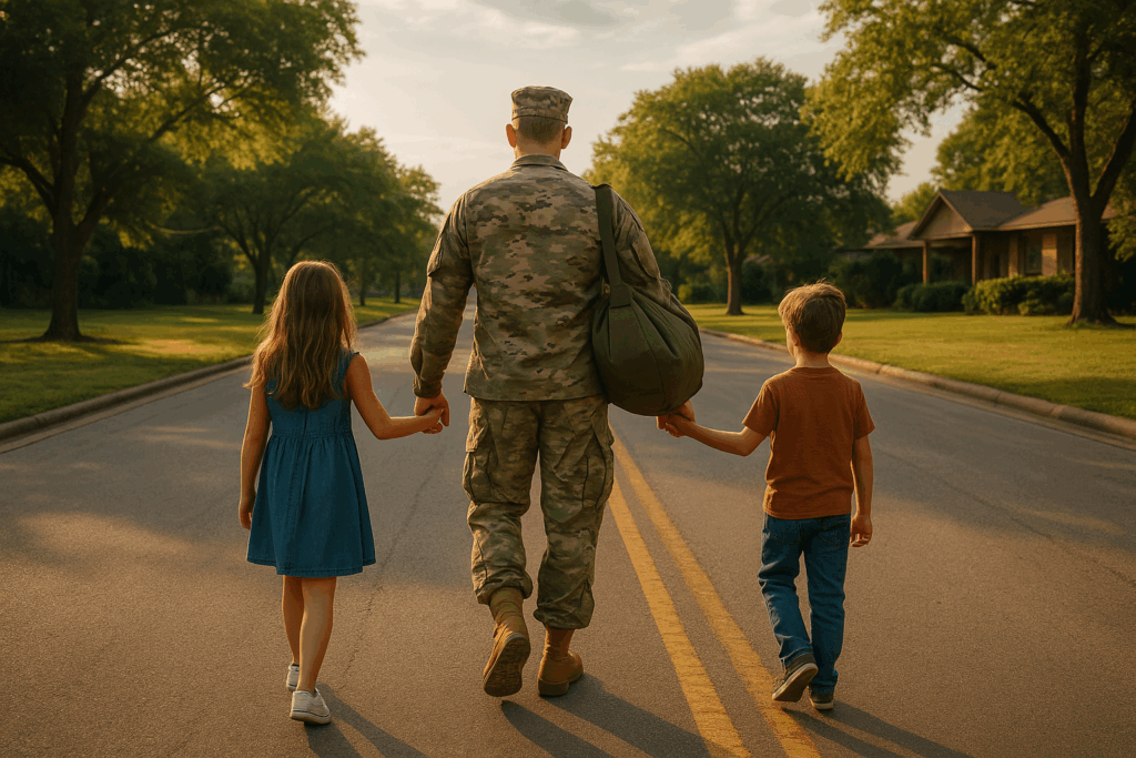 A Texas military parent in uniform walking hand-in-hand with two children down a quiet suburban street at sunset, symbolizing family stability after divorce.