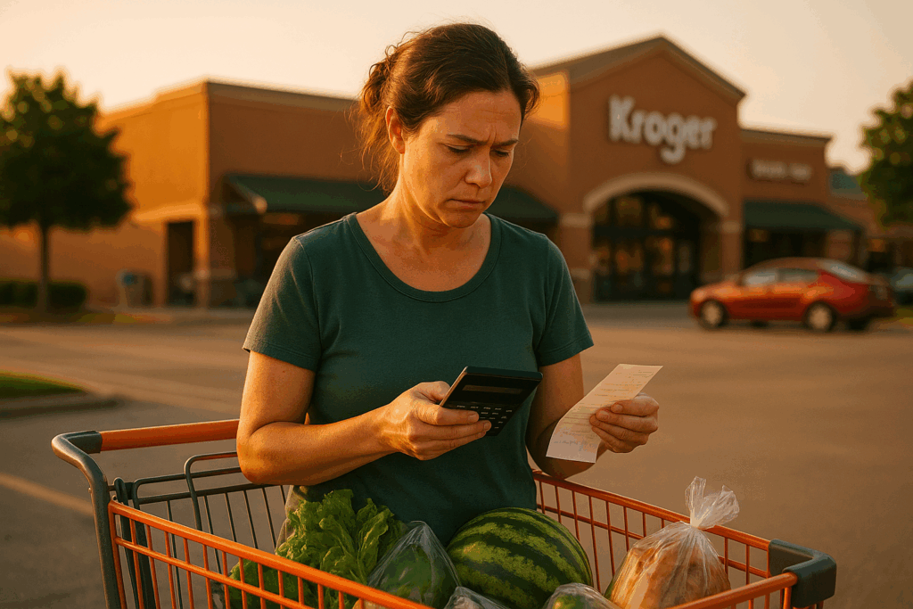 A concerned Texas parent stands beside a grocery cart in warm afternoon light, using a calculator and receipt to check expenses after divorce.