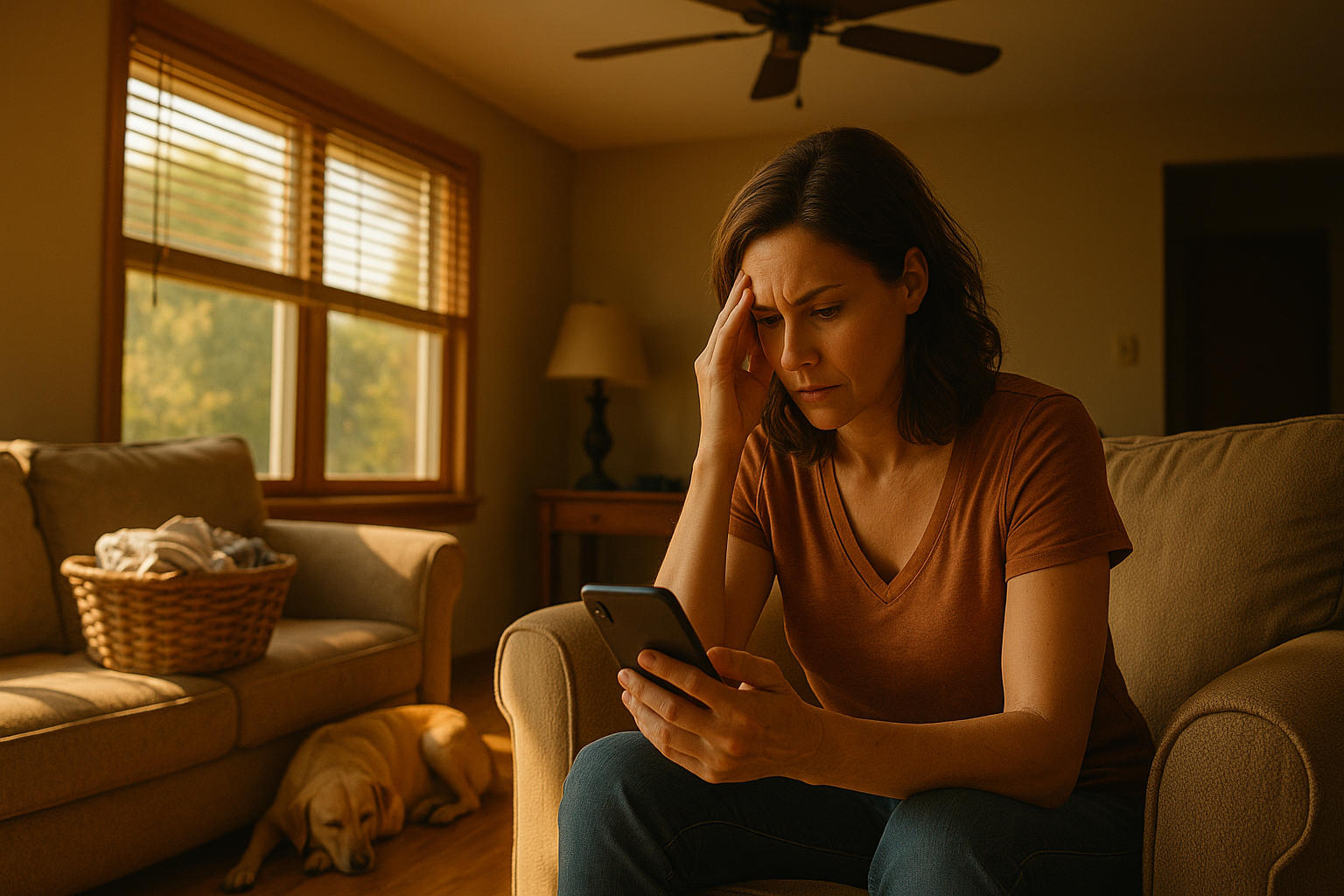 A woman sitting in a warm, sunlit Texas living room looks worried while reading an email on her phone, with a sleeping dog nearby on the floor.