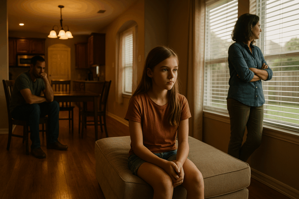 A cinematic, photo-realistic image of a Texas family at home during sunset, showing quiet emotional tension between parents and child after divorce.