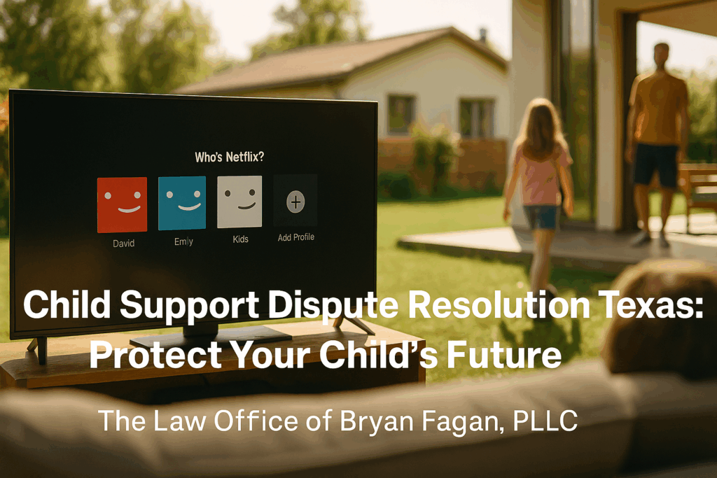 A cinematic, photo-realistic summer scene showing a Netflix login screen in a family living room, symbolizing post-divorce co-parenting and financial balance in Texas.
