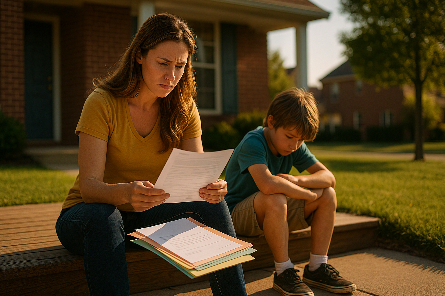 A concerned Texas mother reviews school forms and bills beside her child outside their home, symbolizing child support challenges and the need for stability.