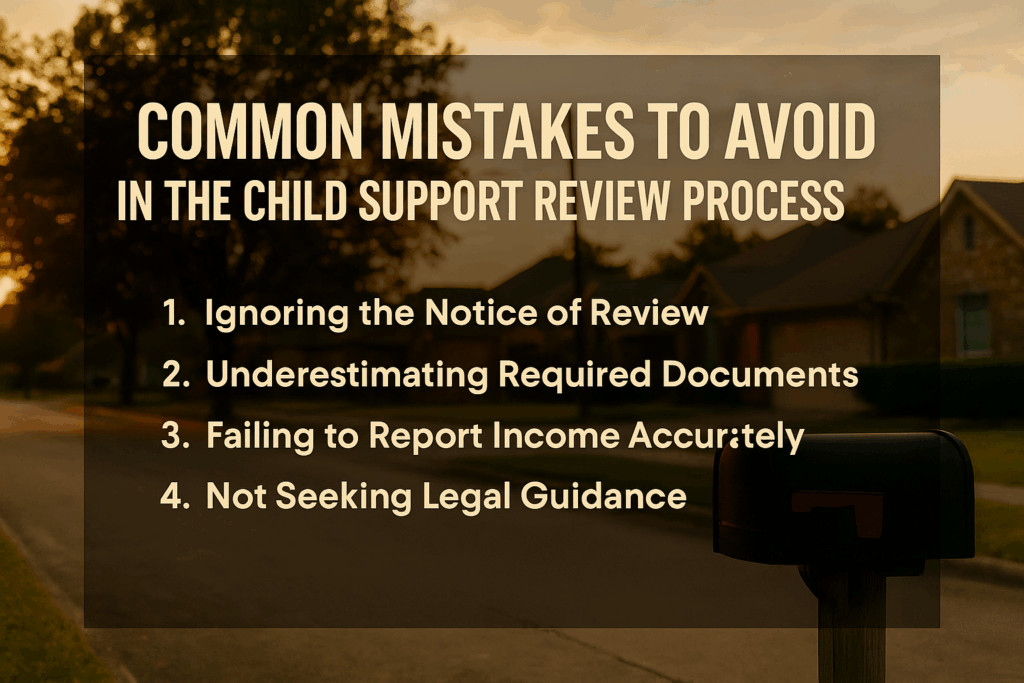 A wide-angle image showing a suburban mailbox at sunset with a title overlay listing four common mistakes in the Texas Child Support Review Process.