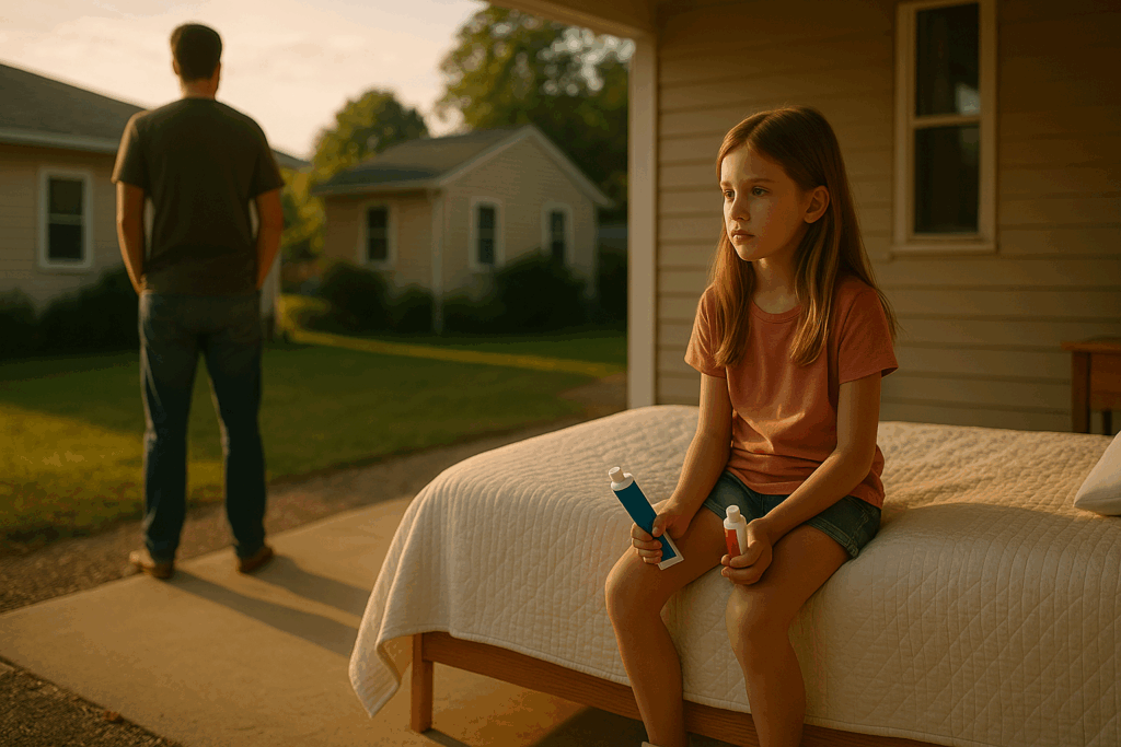 A father and daughter share a quiet moment outside their Texas home at sunset, symbolizing the emotional side of child support and family transitions.