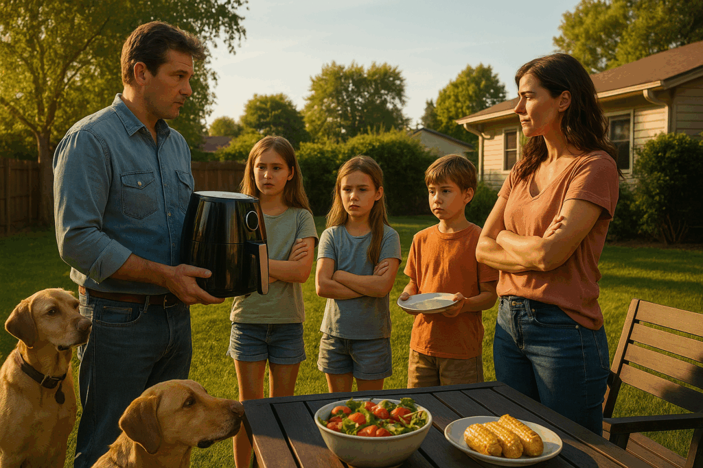 A divorced Texas couple stands in their backyard during summer, playfully debating who keeps the air fryer while their two kids and dog watch.