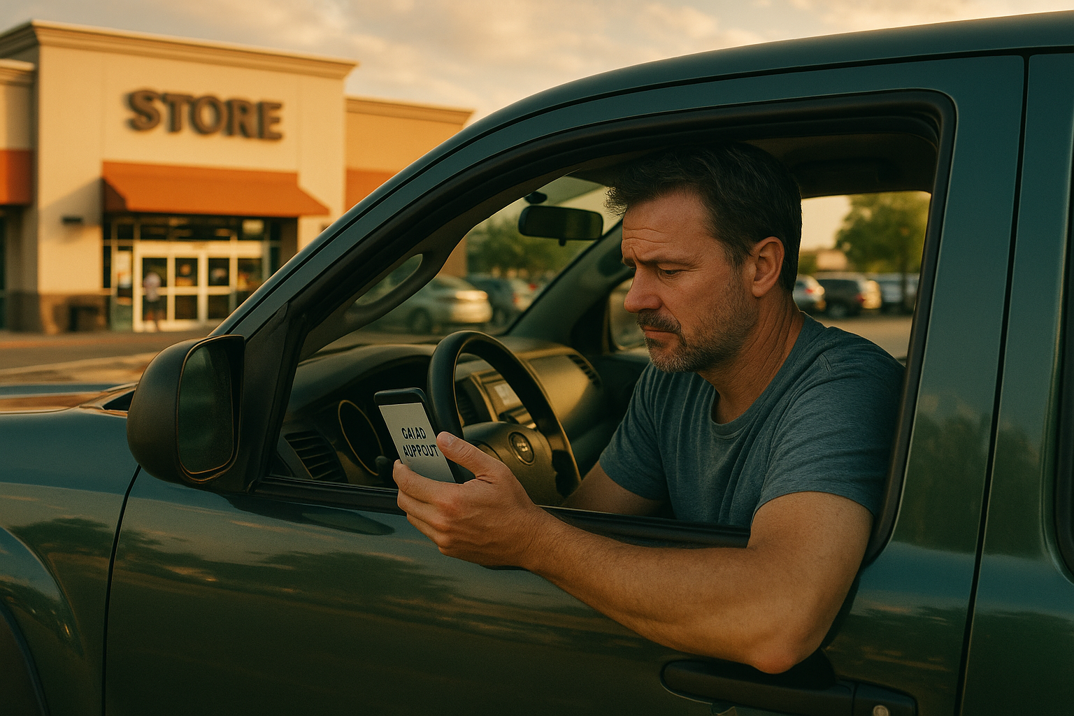 A tired father sits in his pickup truck outside a Texas grocery store at sunset, looking at a child support notice on his phone, symbolizing financial stress and family law challenges.