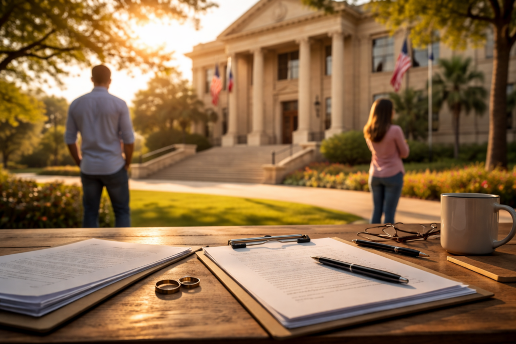 Wide-angle cinematic photo of a couple standing apart outside a Texas courthouse at sunset, with divorce papers and wedding rings in the foreground symbolizing a fault-based divorce case.