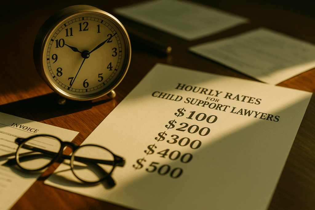 Hourly rates for Texas child support lawyers, represented with a clock and legal fees.