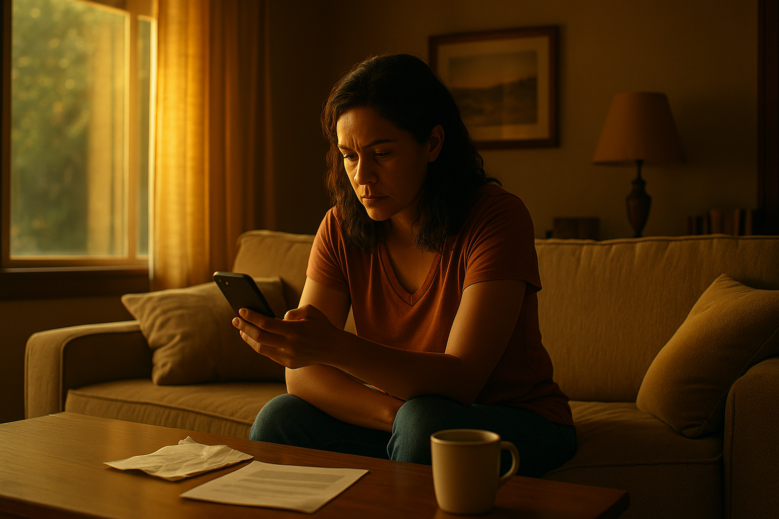 A woman sits on a couch in her Texas living room at sunset, looking at her phone with concern while bills and a coffee cup rest on the table — symbolizing the stress and emotion of navigating child support disputes.