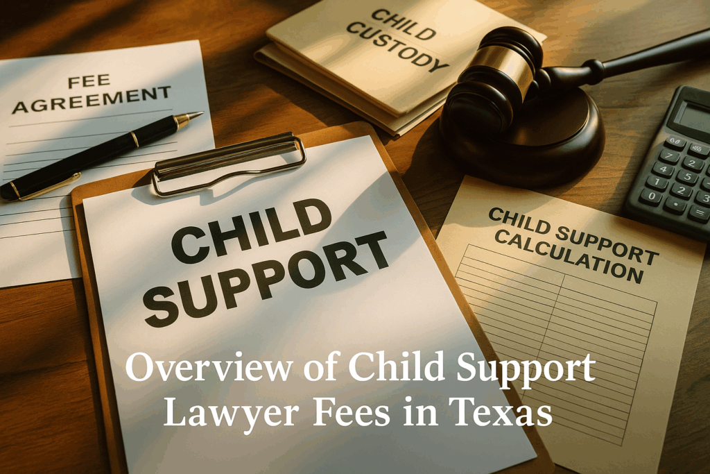 Overview of child support lawyer fees in Texas, showcasing various legal documents.