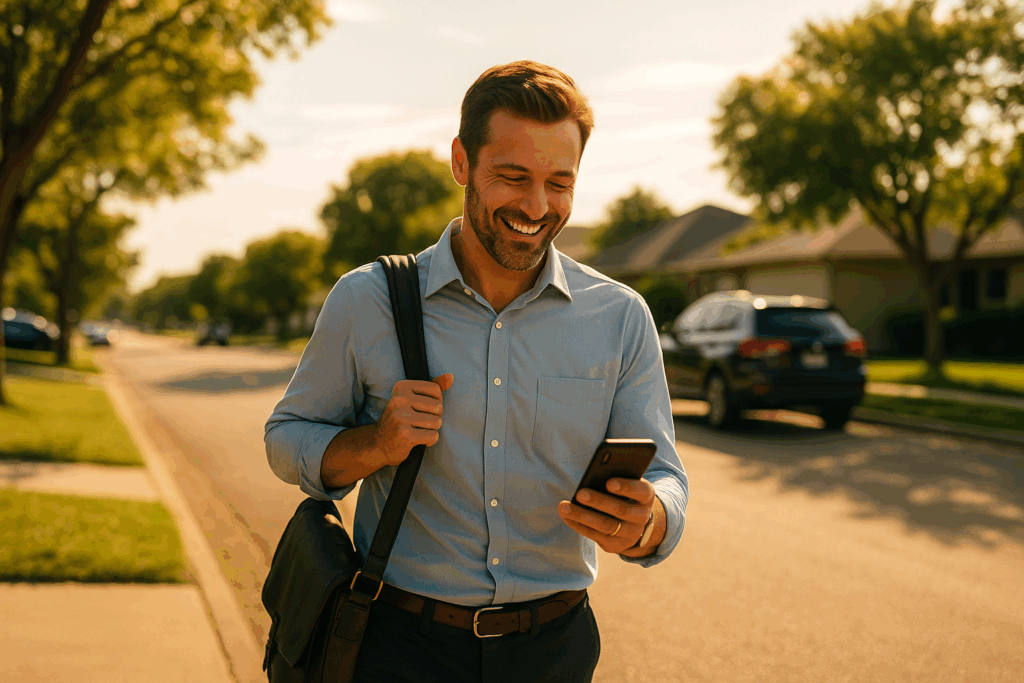A smiling man in business casual attire checks his phone on a sunny Texas street after receiving a job promotion, symbolizing life changes and financial growth.