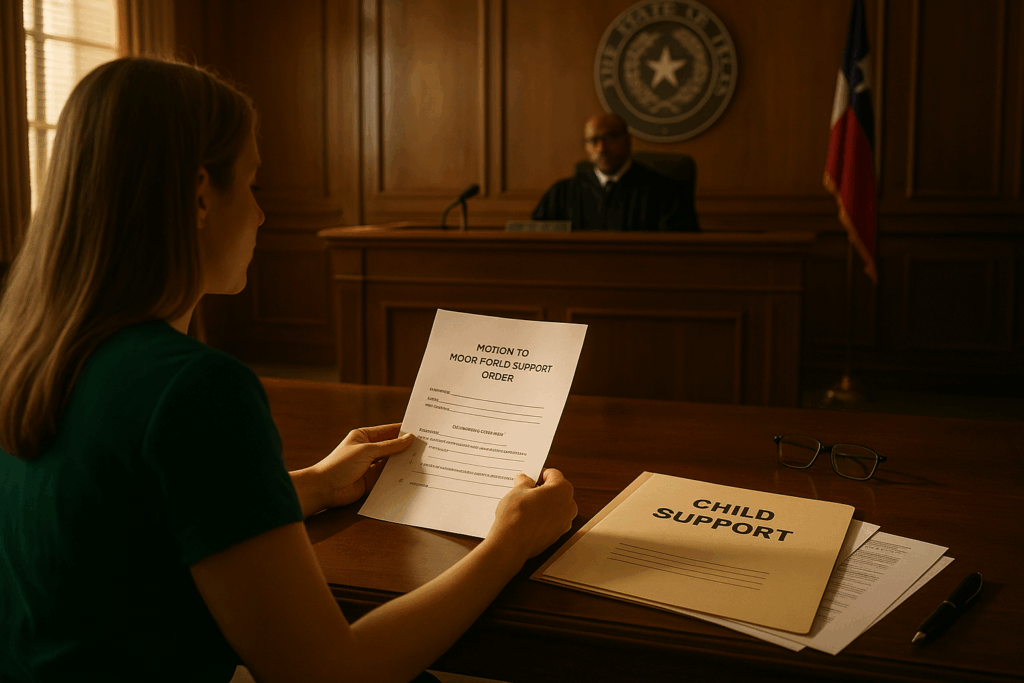 A courtroom scene where a judge presides over a child support hearing.
