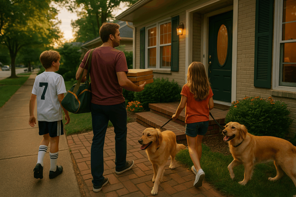 A divorced father carries pizza boxes while walking with his kids and their golden retriever toward a suburban Texas home at sunset, symbolizing co-parenting life and balance after divorce.
