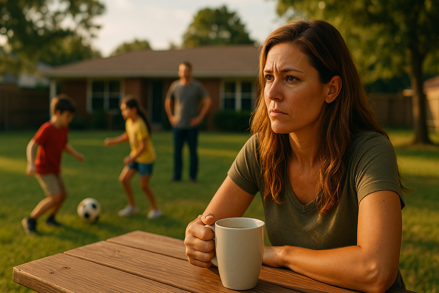 A thoughtful parent sits at a picnic table with a coffee mug, watching their children play soccer in a sunny Texas backyard, symbolizing family life and child support challenges.
