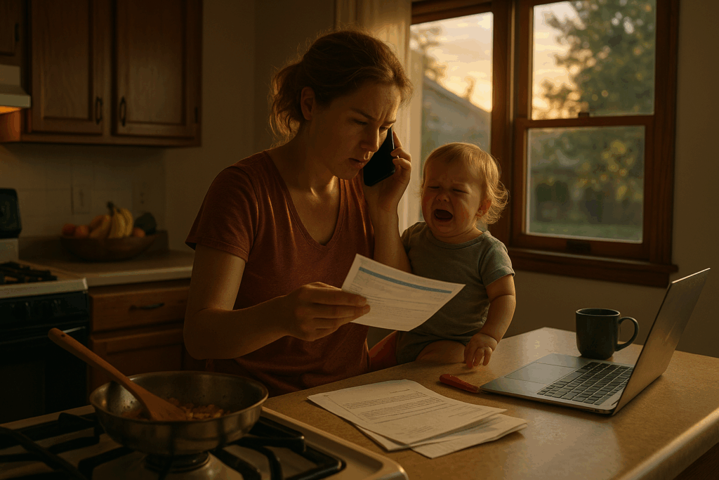 A stressed parent multitasking in a kitchen at sunset, holding a crying toddler while reviewing bills and speaking on the phone.