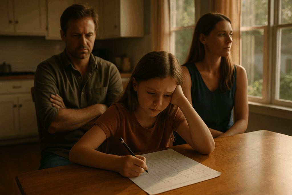 A young girl struggles with her homework at a sunlit kitchen table as her parents sit tensely in silence, symbolizing the emotional impact of divorce and the importance of child support stability.