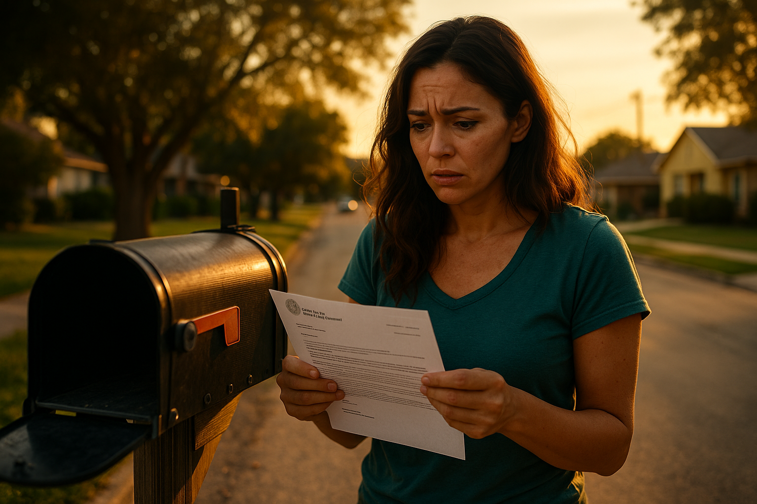 A woman stands by her mailbox in a quiet Texas neighborhood, looking concerned as she reads a child support notice from the Attorney General’s Office.