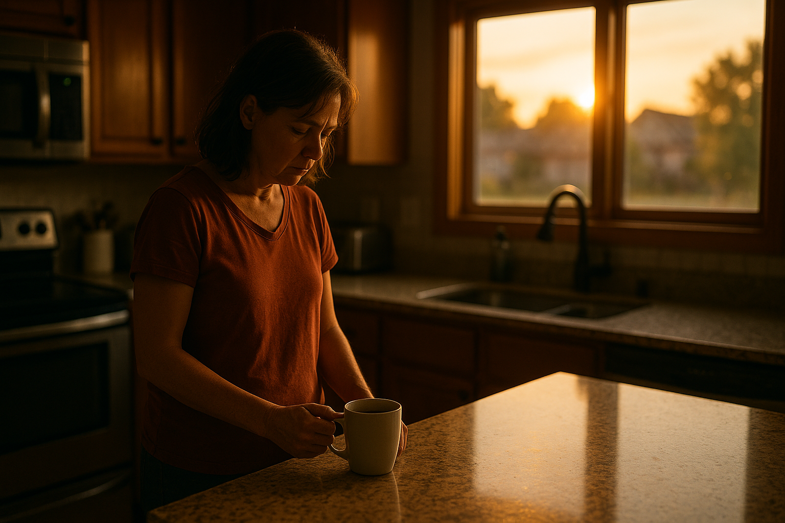 A parent standing alone in a quiet kitchen at sunset, holding a cup of coffee and reflecting on the stress of deployment and custody decisions.