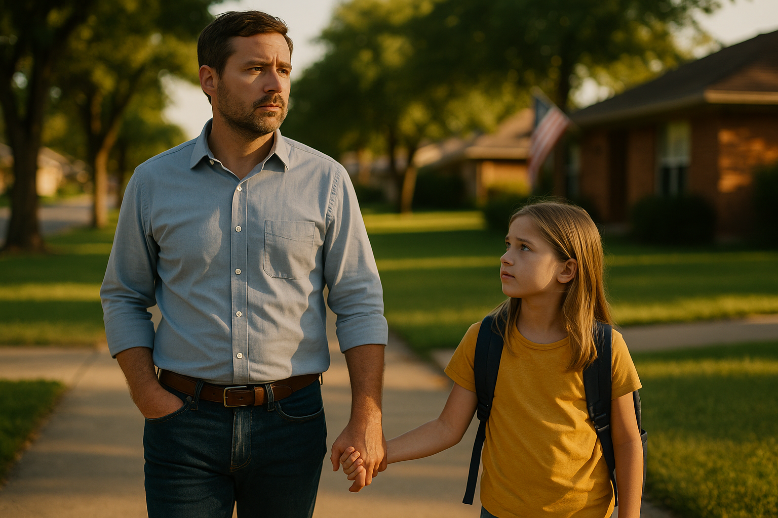 A father and daughter walking hand in hand on a sunny Texas street, symbolizing family strength and stability after divorce.