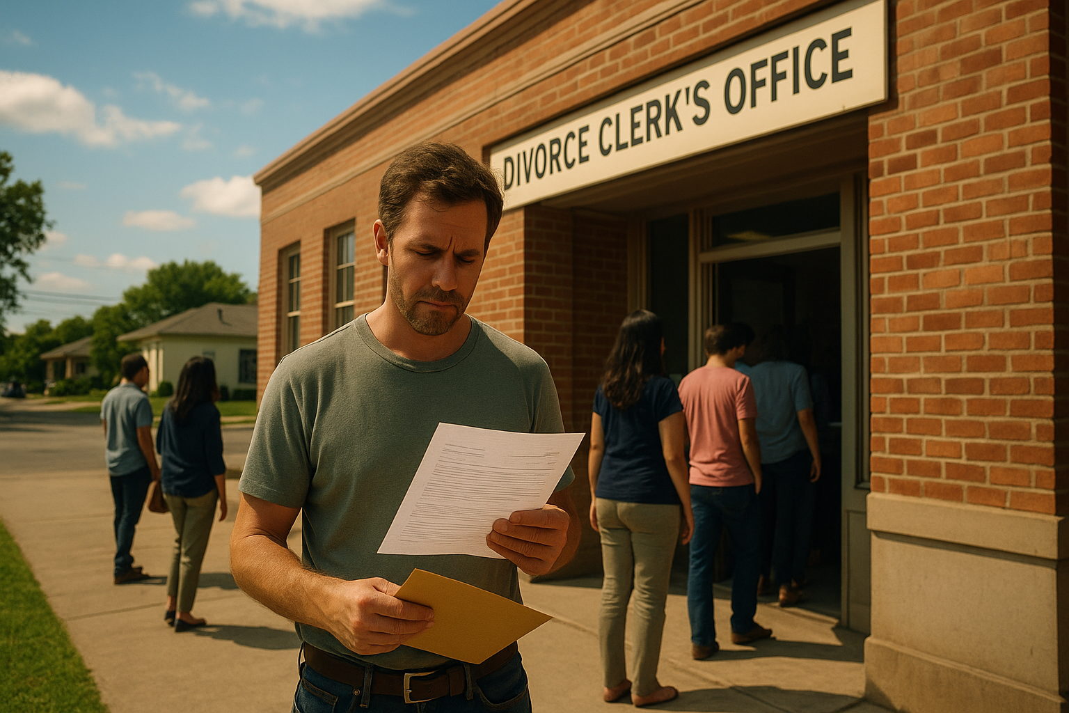 A man standing outside a Texas courthouse holding divorce paperwork under summer sunlight, symbolizing the start of a legal journey.