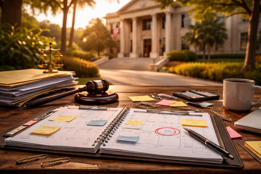Wide-angle cinematic photo of a planner and legal documents on a table outside a Texas courthouse at sunset, symbolizing the timeline and waiting period in a fault-based divorce case.
