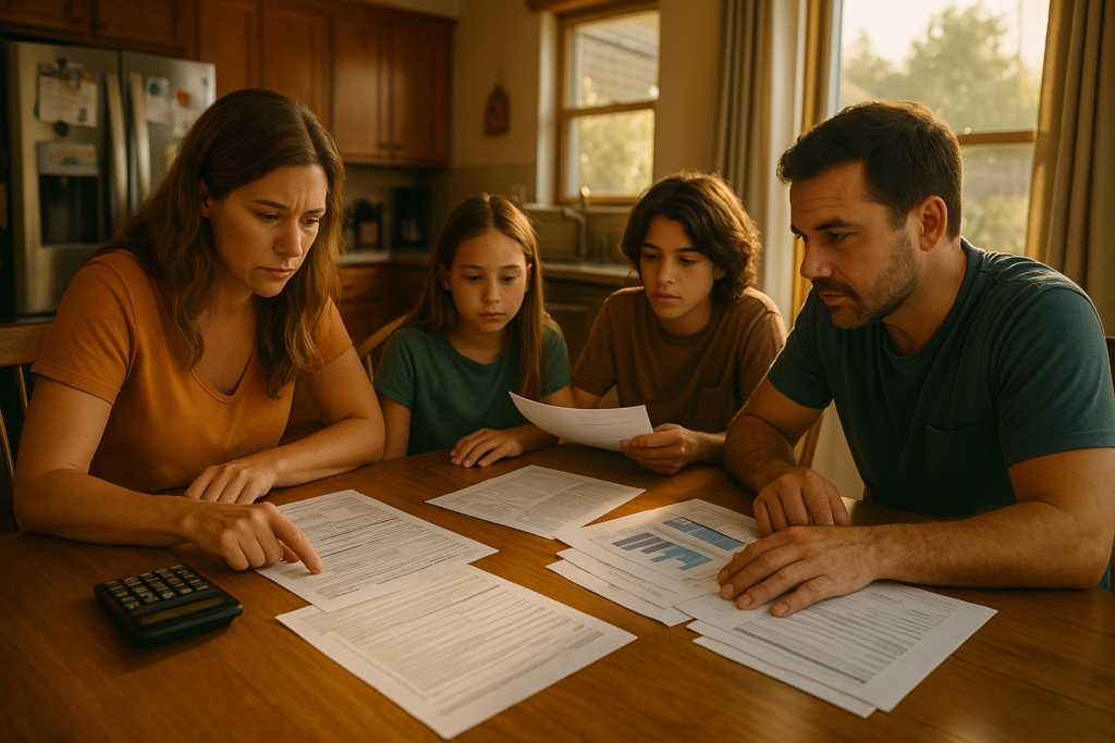 A Texas family is gathered around a kitchen table, reviewing financial documents together, which may include child support calculations and tax returns. This scene highlights the importance of informed decisions regarding child support obligations and guideline support in Texas.