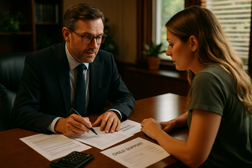The image depicts a family law attorney sitting at a desk in a professional office, reviewing documents with a client who appears engaged in the discussion. They are likely discussing important topics related to child support payments and obligations under Texas family law, emphasizing the calculation of monthly net resources and the financial support necessary for raising children.