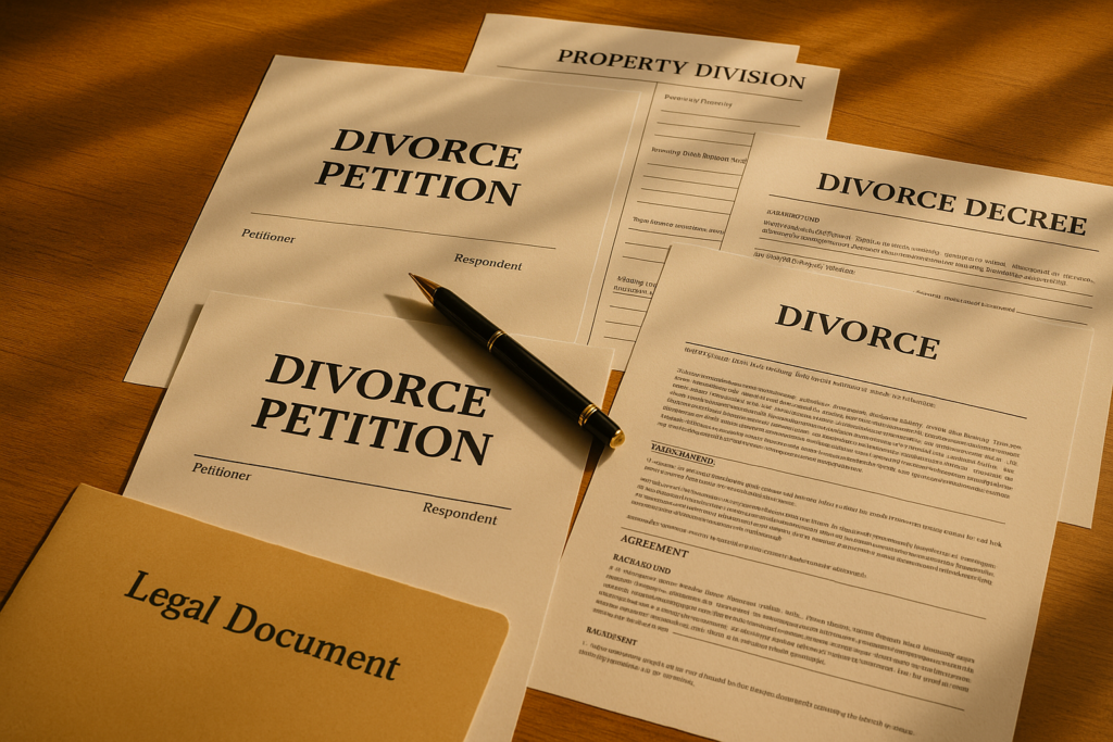 The image depicts a neatly organized array of legal documents and forms related to the divorce process, including a divorce petition, spread across a desk alongside a pen. This setup suggests preparation for filing an uncontested divorce in Texas, highlighting the importance of having all necessary paperwork ready for the court process.