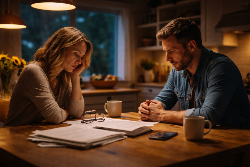 Couple having a quiet late-night conversation at a kitchen table while reviewing divorce paperwork, reflecting a thoughtful Texas divorce agreement discussion.