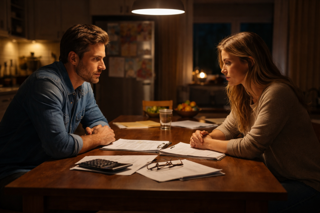 A Texas couple sitting at a kitchen table late at night, calmly reviewing divorce papers together in a quiet home setting.