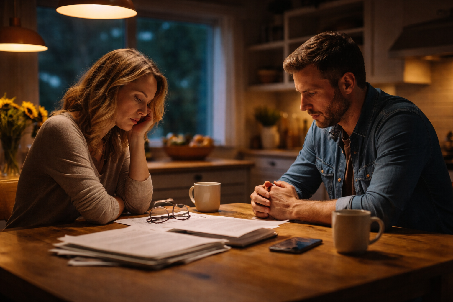Couple having a quiet late-night conversation at a kitchen table while reviewing divorce paperwork, reflecting a thoughtful Texas divorce agreement discussion.