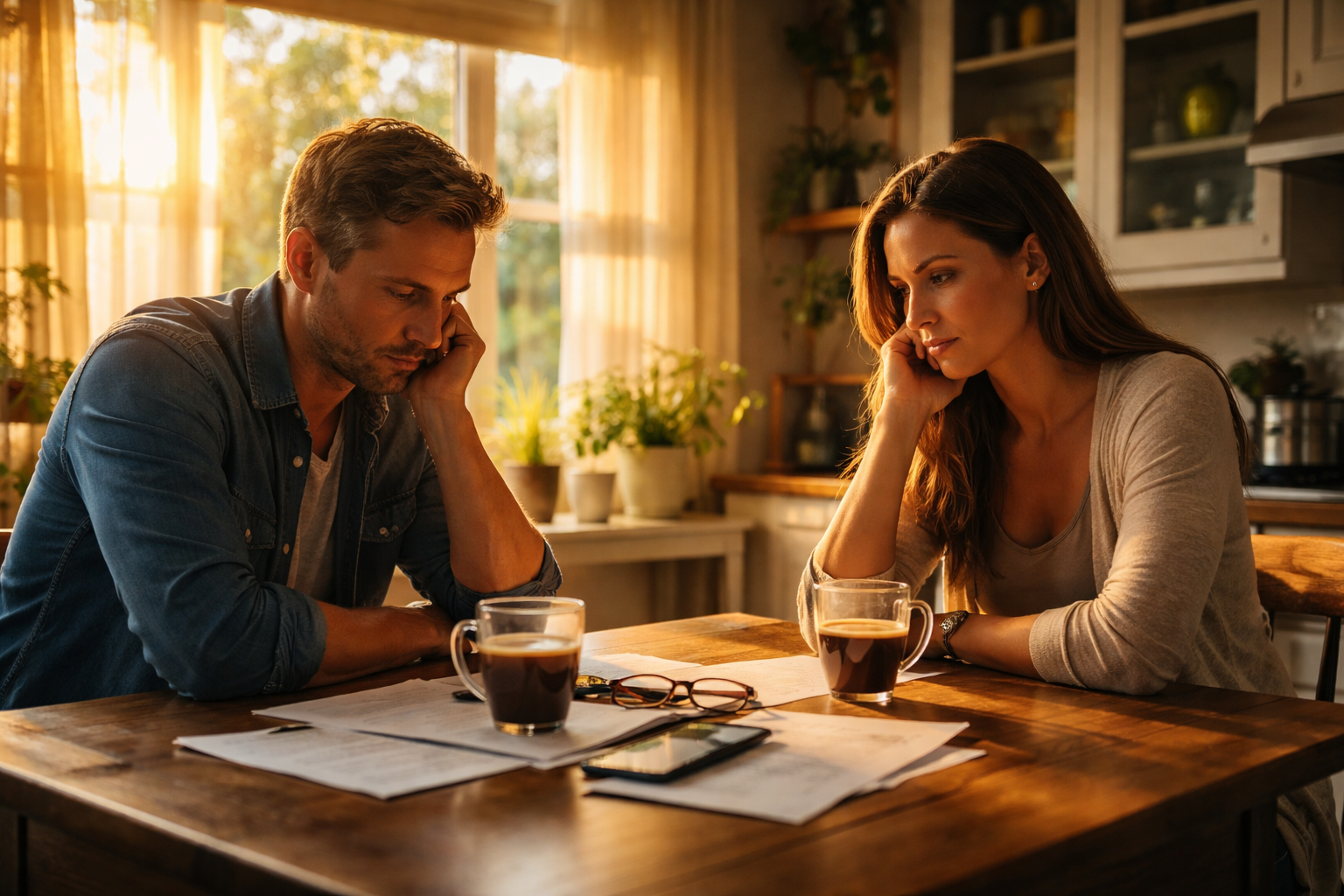 A couple sitting at a kitchen table with cold coffee, quietly reflecting on their decision to pursue an affordable uncontested divorce in Texas.