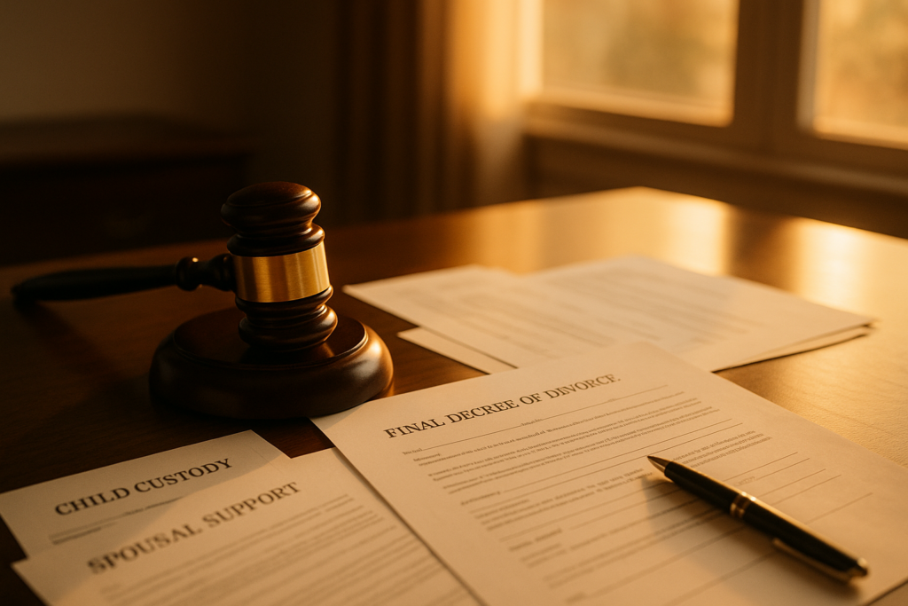 The image depicts a judge's gavel resting on a desk alongside various legal documents, symbolizing the conclusion of a family law case, such as an uncontested divorce in Texas. The presence of the gavel and paperwork signifies the final decree of divorce, which may involve matters like child custody and spousal support.
