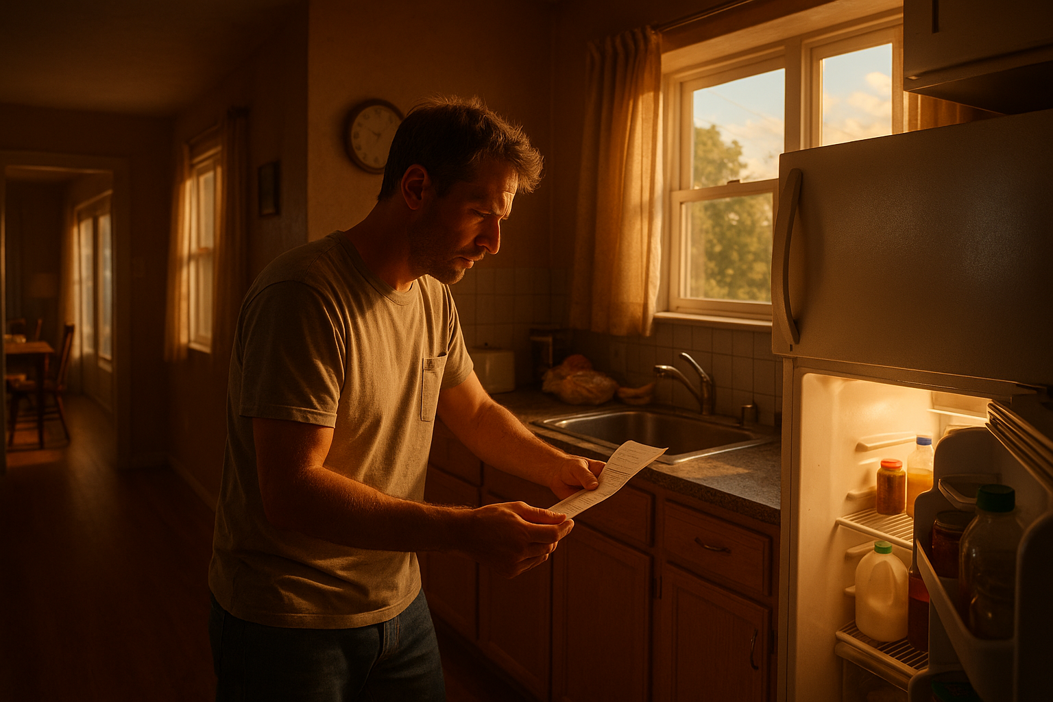A worried parent stands in a warm, dimly lit kitchen looking at an unexpected bill with the refrigerator open, reflecting financial stress during a child support case.
