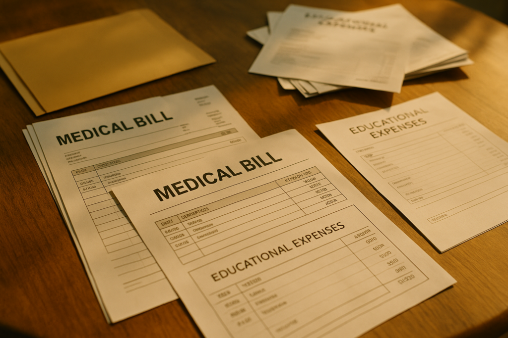 The image shows a collection of medical bills and educational expense documents laid out on a table, highlighting the financial obligations that can arise in child support cases. These documents may be crucial for parents navigating child support agreements and ensuring the child's welfare under Texas law.