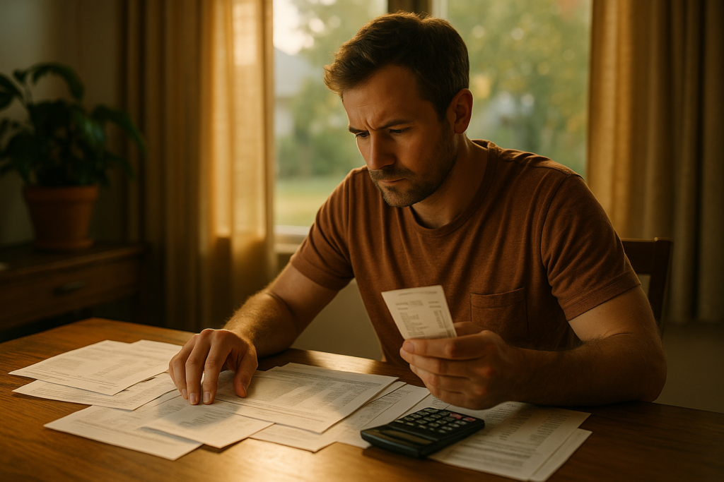 The image shows a parent intently reviewing financial documents and receipts on a desk, highlighting the importance of proper documentation in managing child support obligations. This careful examination may relate to child support payments and resolving potential disputes under Texas law.