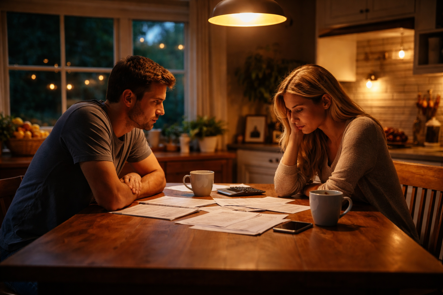 A worried couple sits at a kitchen table late at night reviewing divorce papers, representing the emotional beginning of an uncontested divorce in Texas.